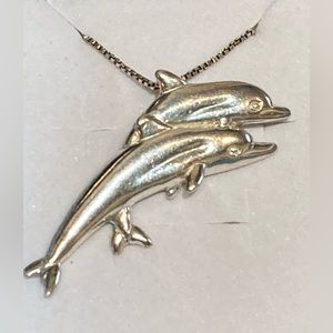 Double dolphin sterling silver necklace
